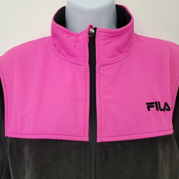 FILA Women's Full Zip Fleece Jacket Hot Pink Black Pockets Logo Athlesiure Large - Picture 2 of 11